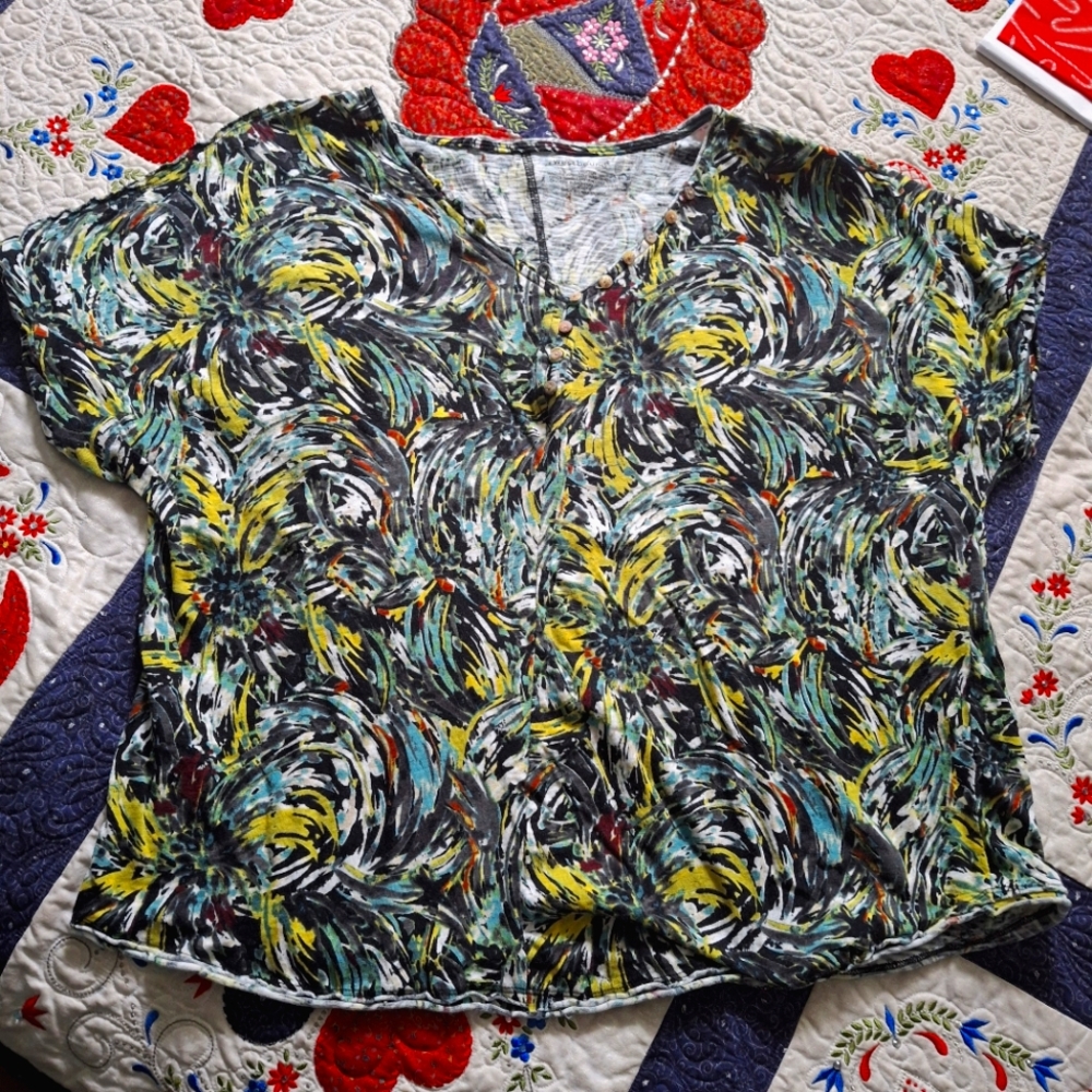 Westbound Women's M-L Floral Swirl Top 100% Cotton Black Turquoise Maroon Green